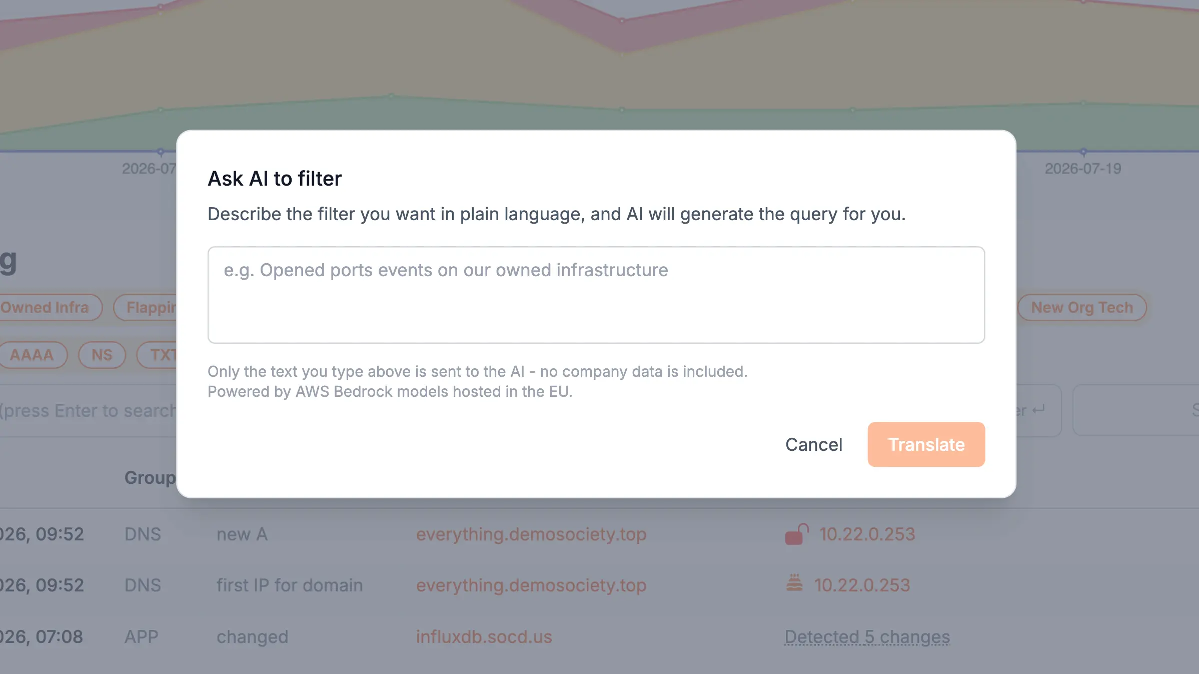 Recon Wave Ask AI dialog that turns a plain-language description into a query