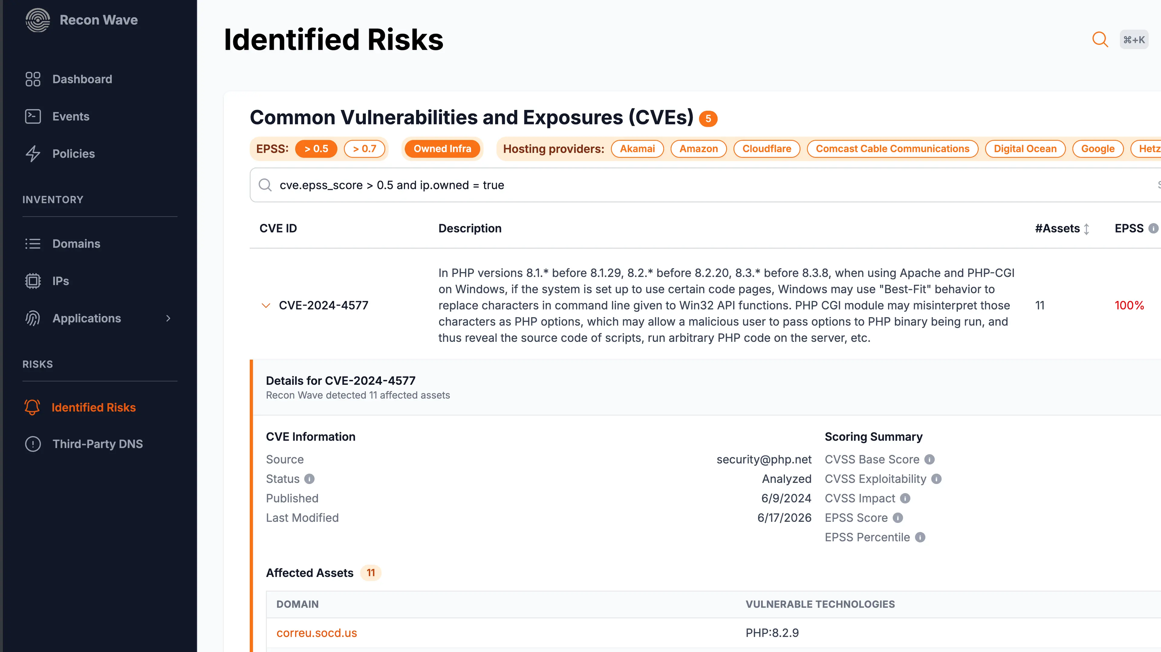 Recon Wave identified risks view showing a CVE with CVSS, EPSS score, and affected assets