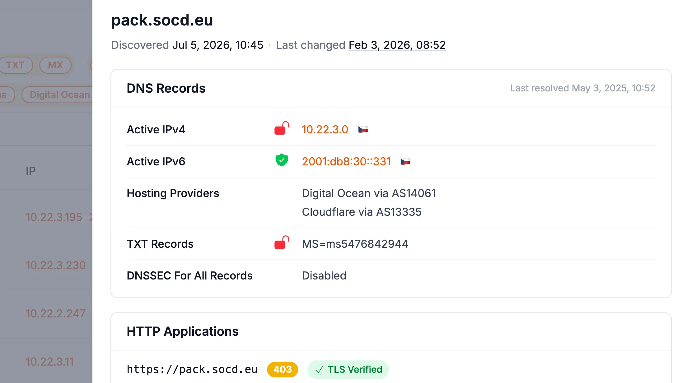 Recon Wave domain detail view with DNS records, applications, and change history