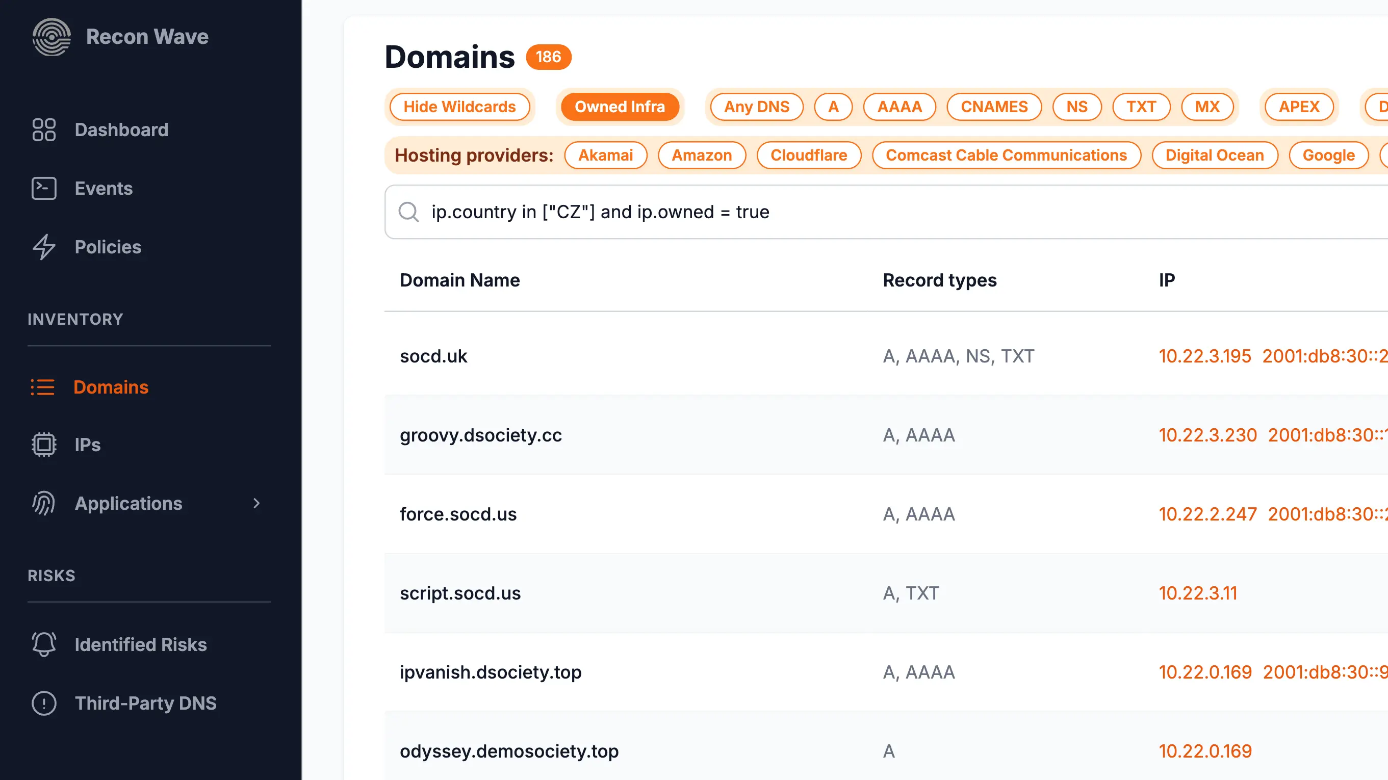 Recon Wave domains inventory, filterable by DNS record type, hosting provider, and ownership