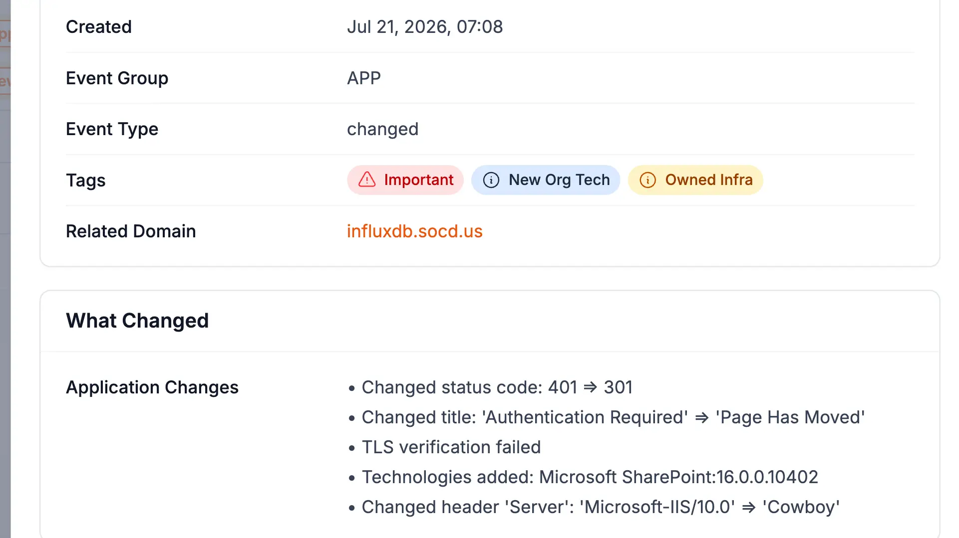 Recon Wave event detail view showing exactly what changed on an application