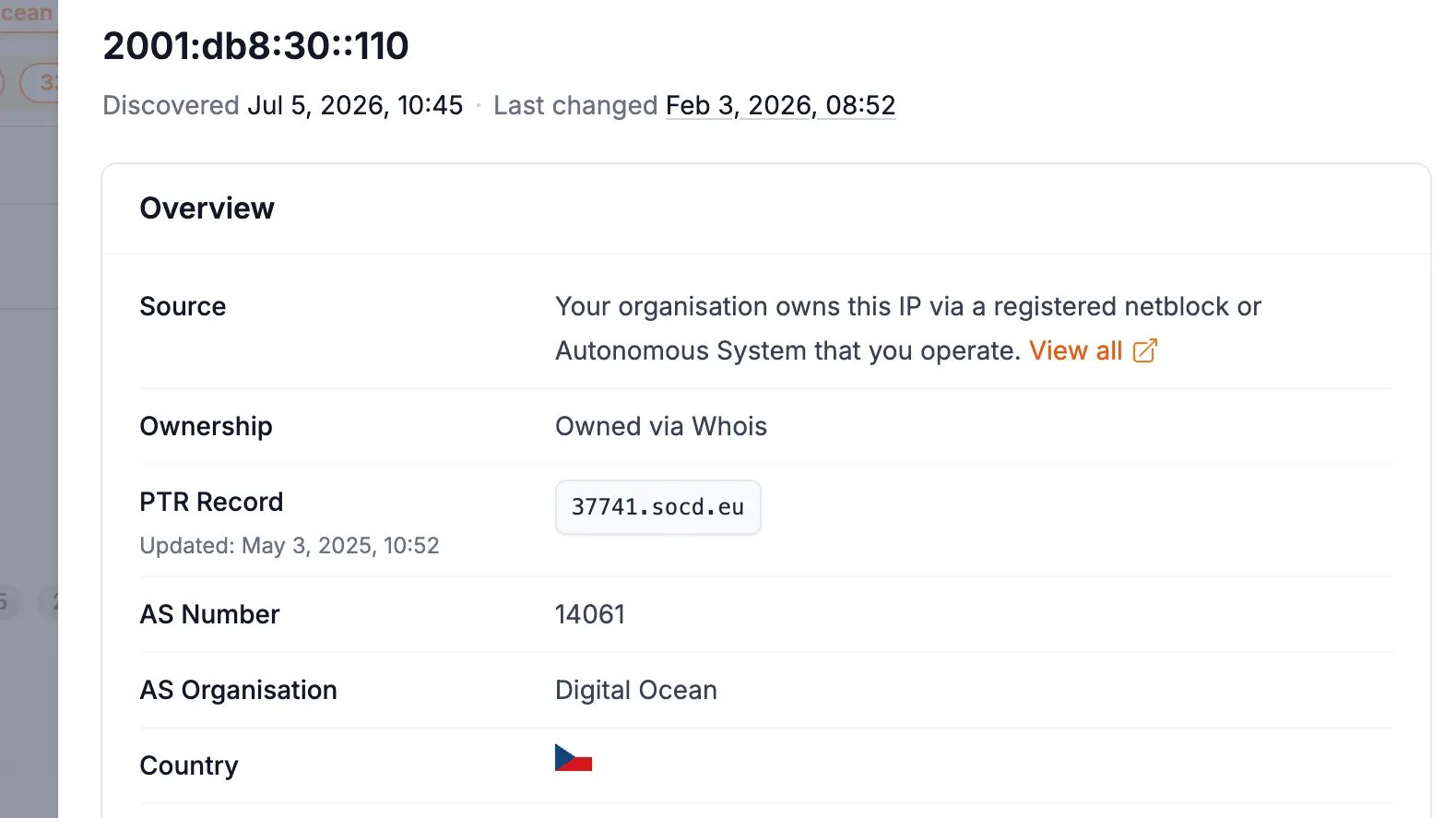 Recon Wave IP address detail view with ownership, location, and associated domains