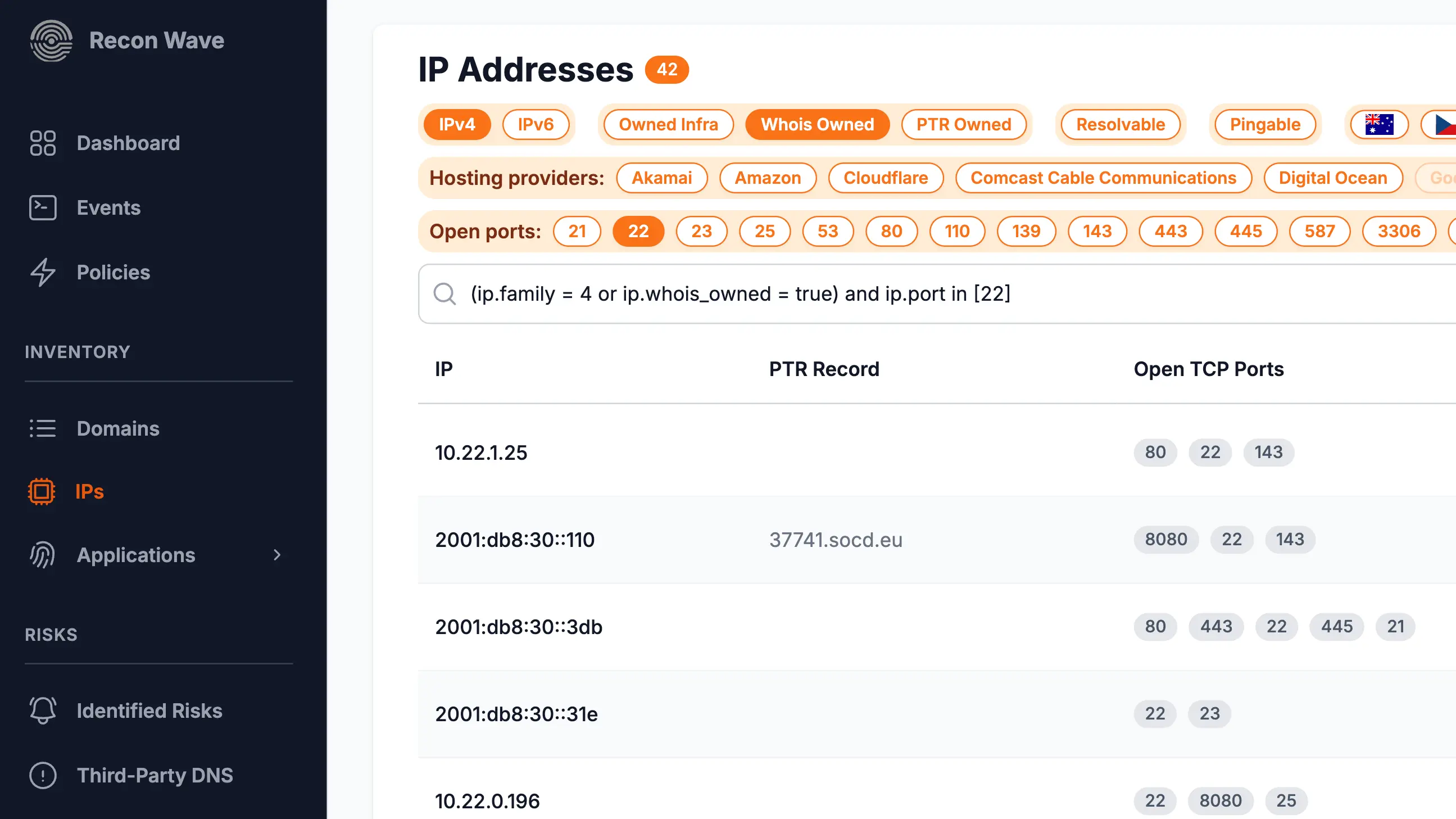 Recon Wave IP inventory showing hosting providers and open TCP ports