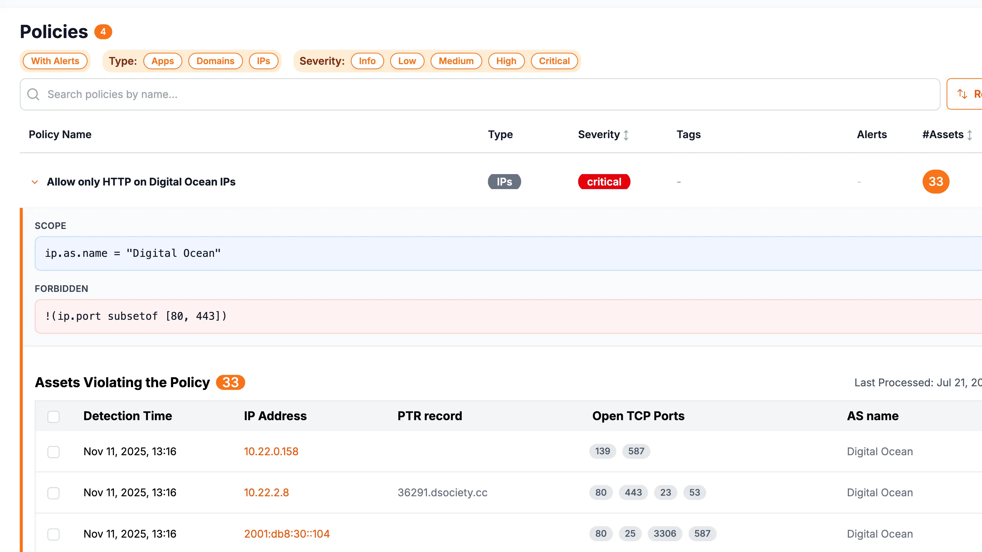 Recon Wave policy showing a scope, a forbidden condition, and the assets violating it