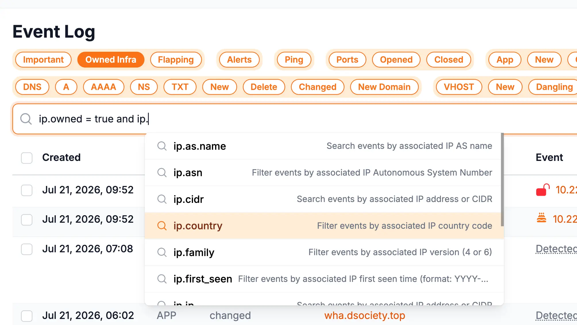 Recon Wave query language with autocomplete suggestions for filtering events
