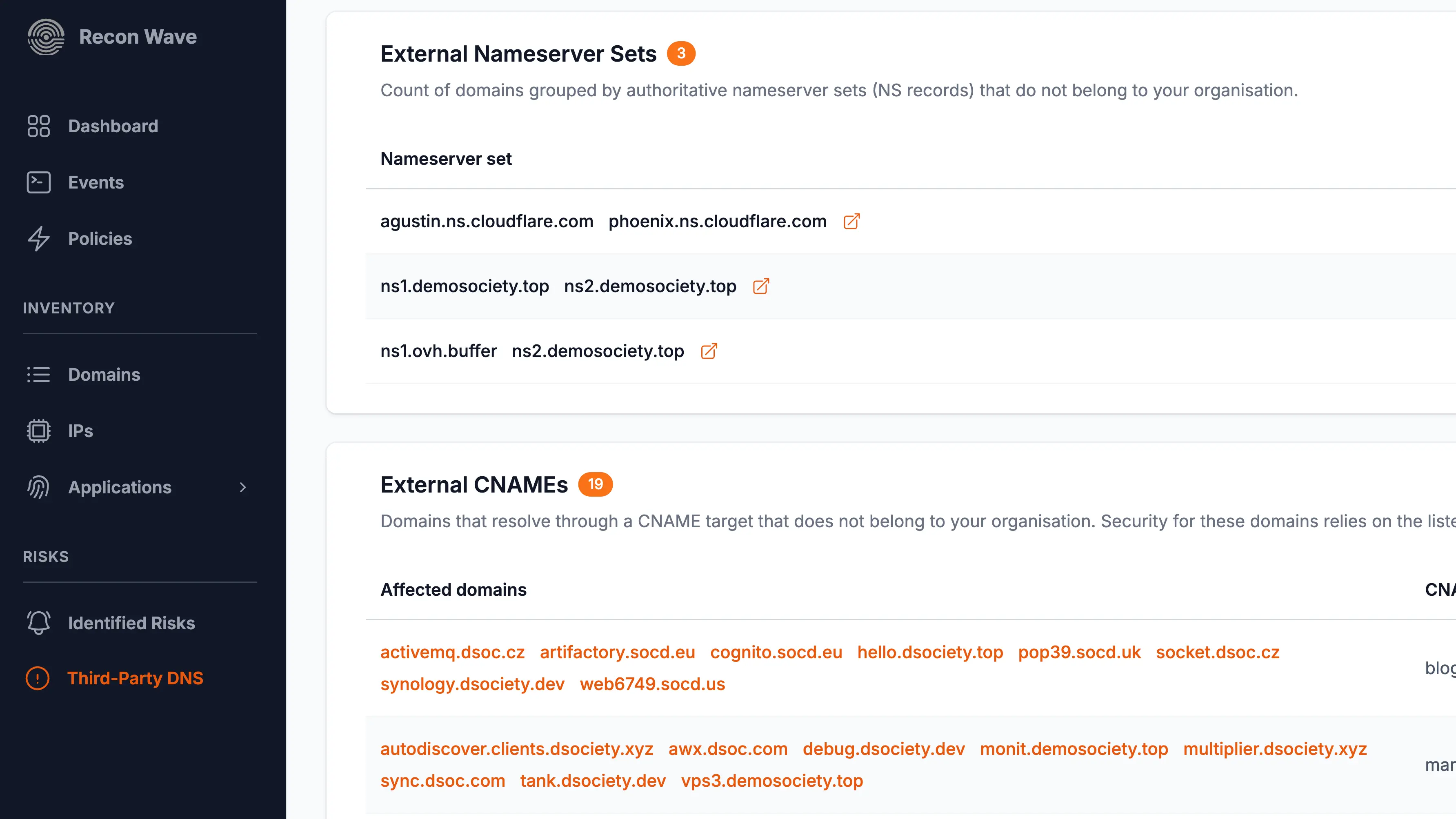 Recon Wave third-party DNS view showing external nameserver sets and external CNAMEs